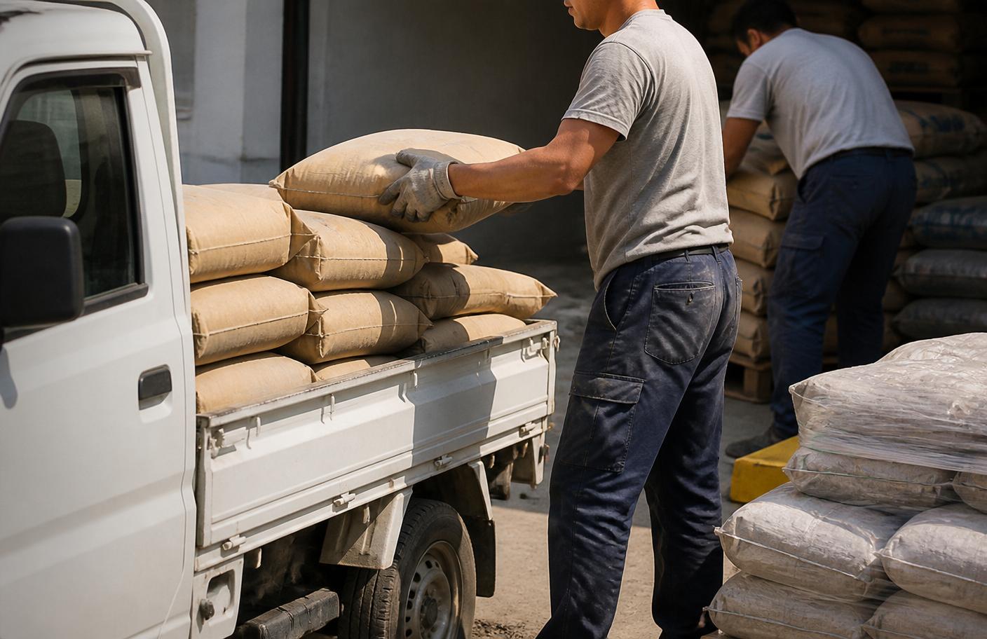 Carga de material de construção sendo preparada para entrega